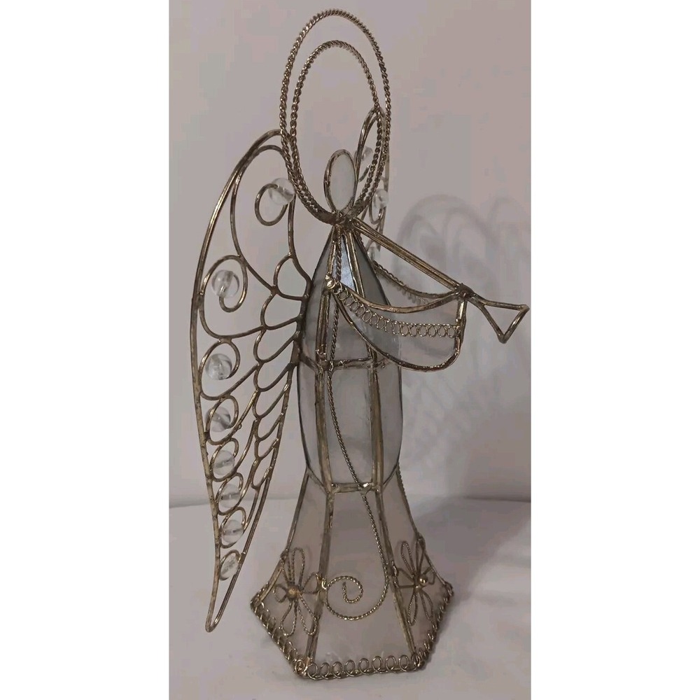 Vintage Capiz Shell Angel 9 Inch Wire Frame Figure Decoration Trumpet